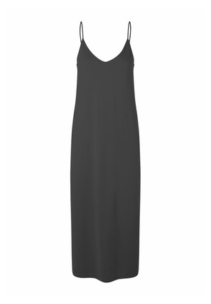 Robe midi sans manches noire avec un décolleté en V, fabriquée en tissu léger. Dispose de fines bretelles et d'une silhouette droite.