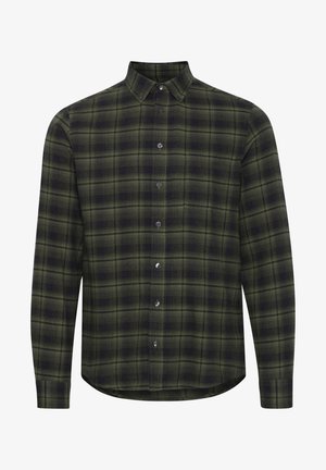Grønn og svart rutete skjorte med knapper, lange ermer, med spiss krage og frontplacket med matchende knapper. Laget av bomullsblanding.