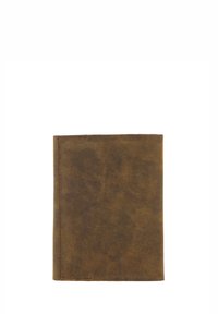 Bruine leren portemonnee met een textuur aan het oppervlak, rechthoekige vorm, gestikte randen en een eenvoudig, minimalistisch ontwerp.