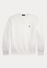 Valkoinen pitkähihainen pyöreäkauluksinen collegepaita, jossa resorireunukset hihansuissa ja helmassa, ja pieni laivastonsininen Polo Ralph Laurenin hevosen logo rinnassa.