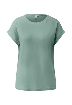 Lichtgroen dames T-shirt met korte mouwen, opgerolde manchetten en een ronde hals, maat small, op een effen witte achtergrond.