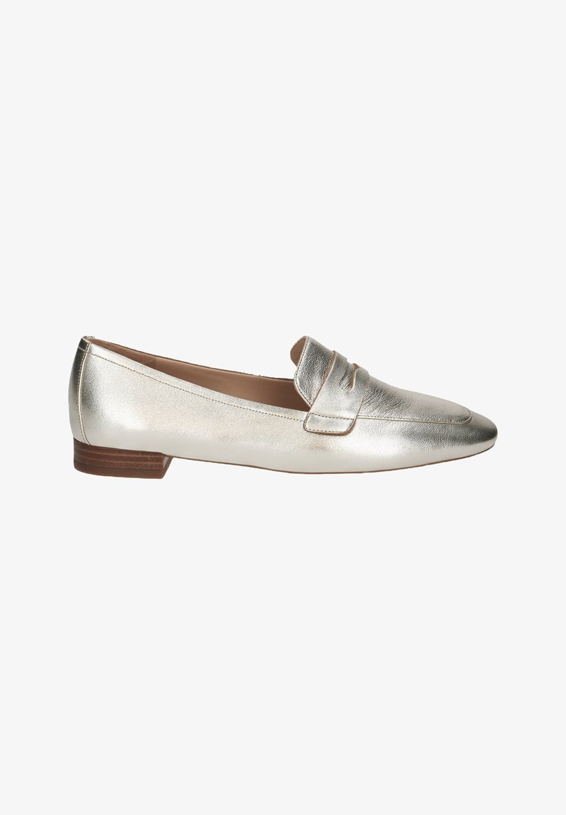 Metallic gold loafers with a smooth leather finish, round toe, and a small stacked heel. Features a decorative strap across the vamp.
