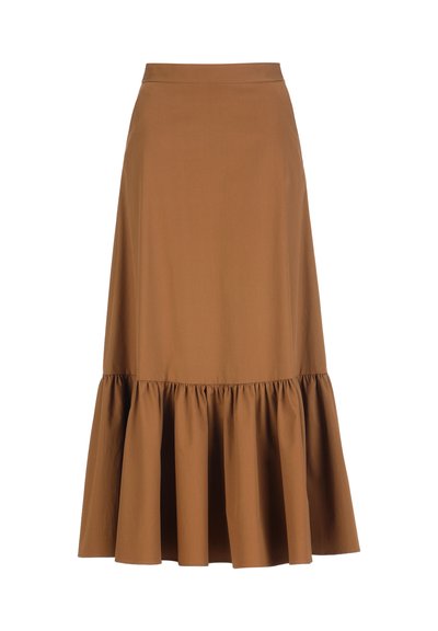 Brown midi skirt with a flared ruffle hem and smooth fitted waist, made of lightweight fabric.