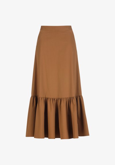 Brown midi skirt with a flared ruffle hem and smooth fitted waist, made of lightweight fabric.