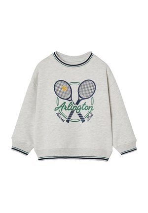 Grauer Sweatshirt aus weichem Material mit Rundhalsausschnitt, langen Ärmeln und einem tennis-inspirierten Print mit Schlägern und einem Ball in Grün und Marineblau.