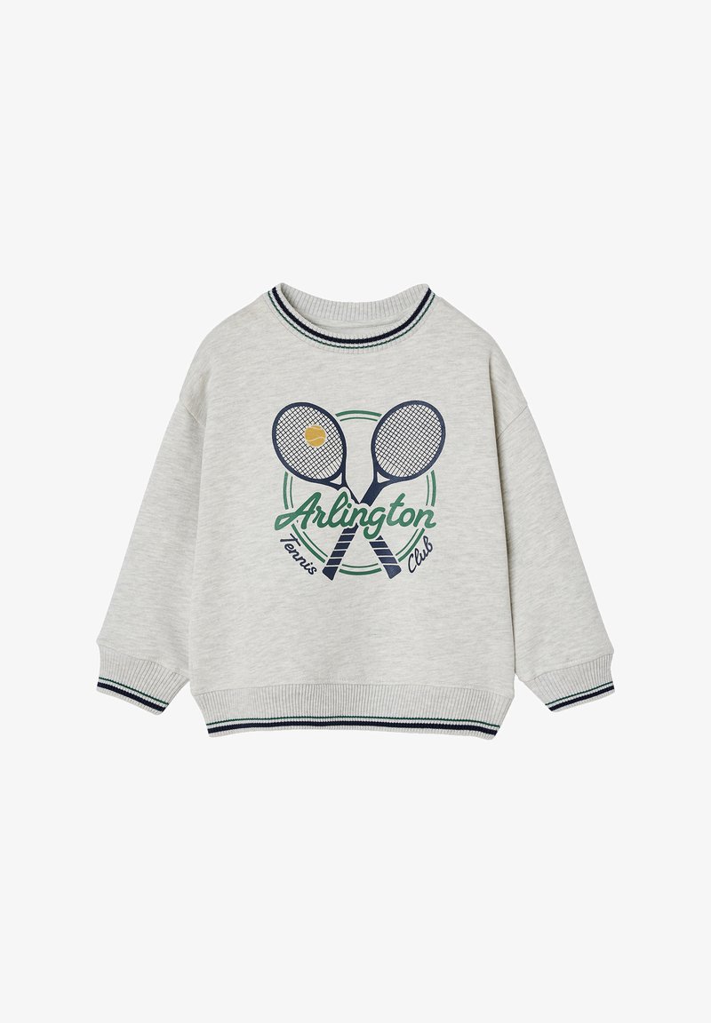 Grauer Sweatshirt aus weichem Material mit Rundhalsausschnitt, langen Ärmeln und einem tennis-inspirierten Print mit Schlägern und einem Ball in Grün und Marineblau.