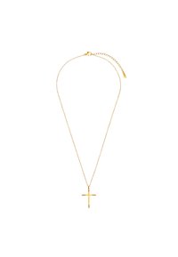 Goldene Kettenhalskette mit einem einfachen Kreuzanhänger und rechteckigen Akzenten. Die Kette hat einen Verschluss mit verstellbarer Länge.