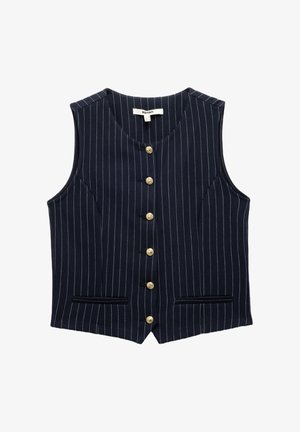 Marineblauwe mouwloze vest met dunne witte verticale streepjes, zes gouden knopen op de voorkant en twee voorste splitzakken.