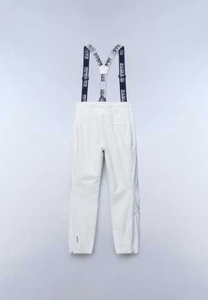 White waterproof pants with adjustable navy suspenders featuring repeating brand name. Zippered ankle openings and back pocket detail.