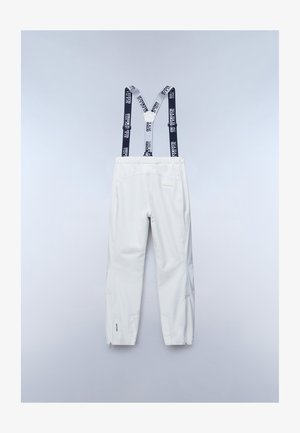 Pantaloni impermeabili bianchi con bretelle navy regolabili che presentano il nome del marchio ripetuto. Aperture con zip alle caviglie e dettaglio della tasca posteriore.