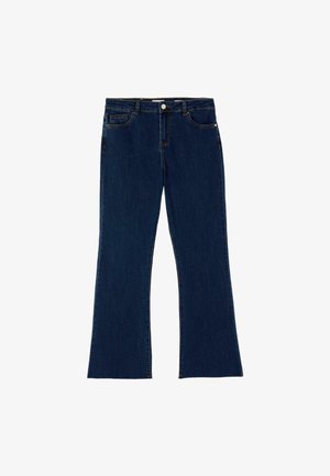 Donkerblauwe denim jeans met een taille op middenhoogte, knoopsluiting, vijf zakken en licht uitlopende pijpen.