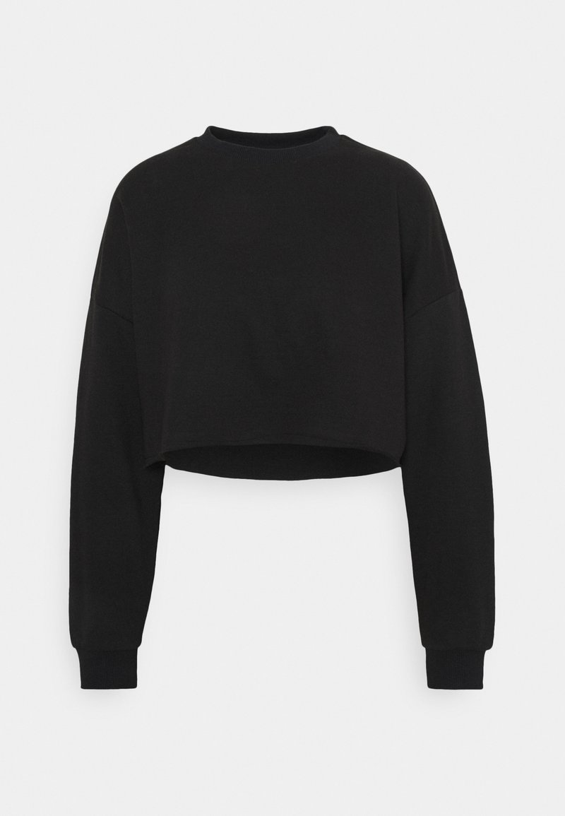 Sweat-shirt court noir à manches longues, col ras du cou et poignets côtelés, présenté sur un fond blanc uni.