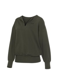 Olivgrüner Pullover-Sweatshirt mit V-Ausschnitt, langen Ärmeln, gerippten Bündchen und Saum. Mit einem dezenten gestickten Logo auf der Brust.