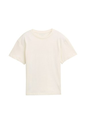 Cremefarbendes Baumwoll-T-Shirt mit Rundhals und kurzen Ärmeln. Weiche Textur, lässige Passform und keine sichtbaren Muster oder Verzierungen.