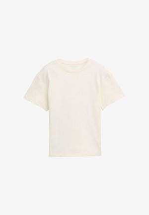 Cremefarbendes Baumwoll-T-Shirt mit Rundhals und kurzen Ärmeln. Weiche Textur, lässige Passform und keine sichtbaren Muster oder Verzierungen.