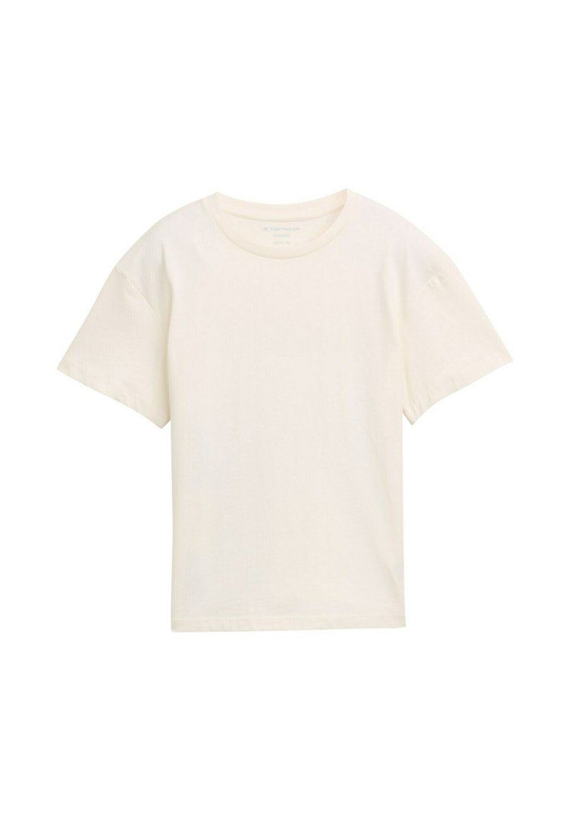 Crème katoenen t-shirt met een ronde hals en korte mouwen. Zachte textuur, ontspannen pasvorm en geen zichtbare patronen of versieringen.