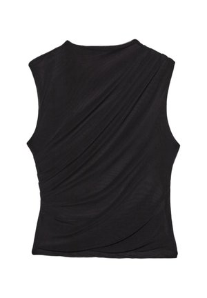 Top sans manches noir avec des détails en tissu drapé sur le devant et un col rond.