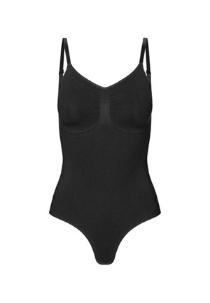 Juodas vientisas bodis su plonais reguliuojamais petnešėliais ir formuotomis kaušeliais, sukurtas sklandžiai, kūną prigludančiai siluetui.