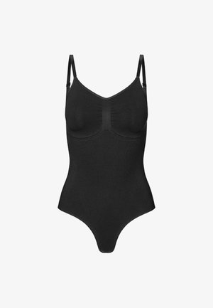 Zwarte naadloze body met dunne verstelbare schouderbandjes en gevormde cups, ontworpen voor een gladde, aansluitende pasvorm.