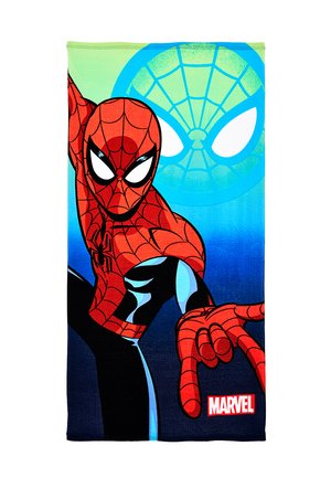 Spider-Man in red and black suit striking a web-shooting pose with a large blue spider emblem and Marvel logo on a gradient background.