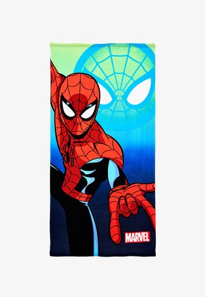 Spider-Man in red and black suit striking a web-shooting pose with a large blue spider emblem and Marvel logo on a gradient background.