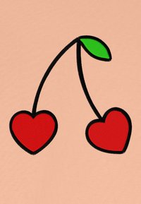 Des cœurs rouges reliés par un contour noir, sur un fond pêche. Une feuille verte relie les cœurs, créant un design ludique.