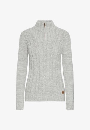 Grijze gebreide trui met een gestructureerd kabelpatroon, een hoge kraag en een rits aan de voorkant. Heeft lange mouwen en een klein merklabel aan de onderkant.
