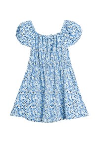 Kurzes Kleid in Blau und Weiß mit Blumenmuster, Puffärmeln und gerafftem Kragen, das kleine blaue Blumen und schwarze Blättern zeigt.
