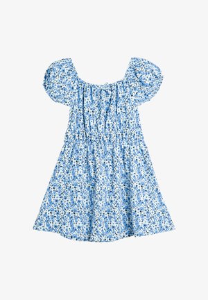 Kurzes Kleid in Blau und Weiß mit Blumenmuster, Puffärmeln und gerafftem Kragen, das kleine blaue Blumen und schwarze Blättern zeigt.