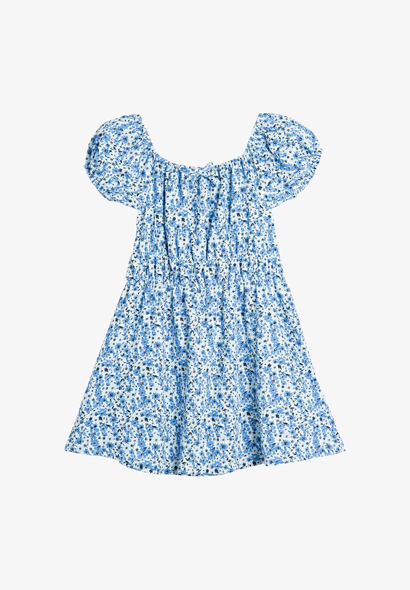 Blue and white floral short dress with puff sleeves and gathered neckline, featuring small blue flowers and black leaf details.