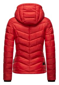 Red padded jacket with a chevron quilted design, a spacious hood, and black ribbed cuffs. Includes a small logo tag on the side.