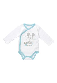 Vit långärmad body med turkosa detaljer, prydd med en grå Mickey Mouse-grafik och texten "Mickey Mouse" nedanför. Mjuk bomullstyg.