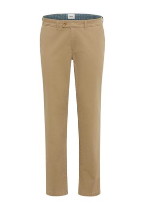Beige Baumwoll-Chinos mit schlanker Passform, geraden Beinen und einem Knopfverschluss. Der innere Bund weist ein gemustertes blaues Stoffdetail auf.