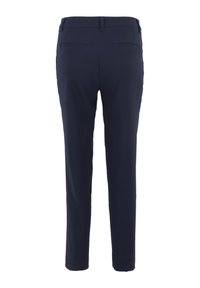 Pantaloni blu navy con un design elegante, dotati di due tasche posteriori e una vestibilità su misura. Realizzati in un tessuto liscio con texture minima.