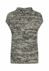 Pull en maille dans les teintes gris et crème, doté d'un col montant et d'un design sans manches avec un motif texturé.