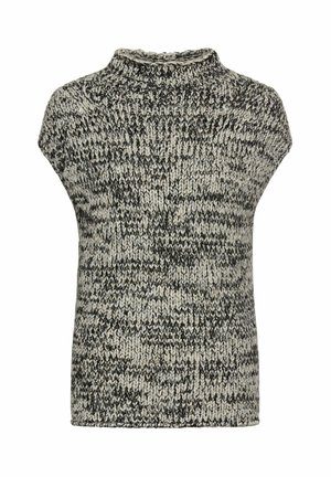 Strickpullover in Grau- und Cremetönen mit hohem Kragen und ärmellosem Design in einem strukturierten Muster.