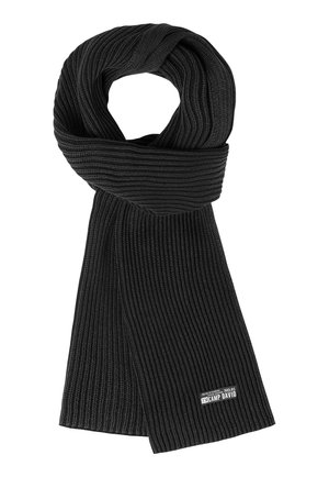 Black ribbed knit scarf with a textured pattern. Features a label with "CAMP DAVID" in white. Long, rectangular shape suitable for wrapping.