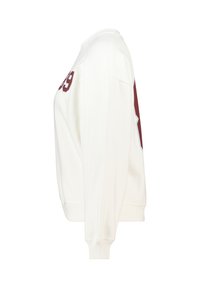 White sweatshirt made of cotton, featuring a crew neck, long sleeves, and maroon graphic detail on the front. Soft texture and relaxed fit.