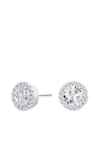 Srebrne kolczyki wkręty z wysokiej jakości srebra, prezentujące dużą, okrągłą czystą kamień otoczoną mniejszymi, przezroczystymi kamieniami, tworząc efekt korony.