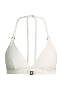 Haut de bikini triangle blanc en tissu texturé, avec bretelles halter et fermeture frontale argentée.