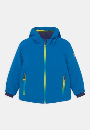 Veste à capuche bleue pour enfants avec fermeture éclair dégradée jaune, fermetures éclair aux poches, poignets élastiques et doublure intérieure douce.