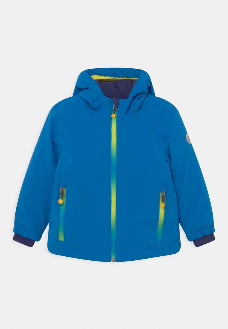 Veste à capuche bleue pour enfants avec fermeture éclair dégradée jaune, fermetures éclair aux poches, poignets élastiques et doublure intérieure douce.