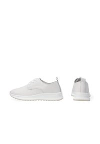 White synthetic shoes with flat laces, a smooth upper, rounded toe, and textured rubber sole. Features a small heel tab for easy wear.