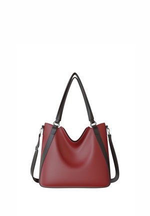 Red leather handbag with black handles and adjustable shoulder strap, triangular shape with curved top edges, smooth texture.