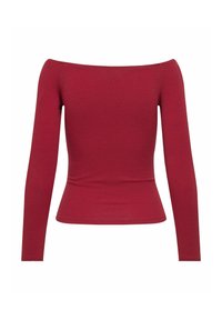 Crvena, majica s dugim rukavima koja se nosi bez ramena, uskog kroja, izrađena od mekanog materijala s glatkom teksturom i urednim šavovima.