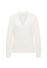 Bílý kardigan z texturované pleteniny, s výstřihem do V, dlouhými rukávy a zapínáním na čtyři stejné knoflíky po celé délce předního dílu.