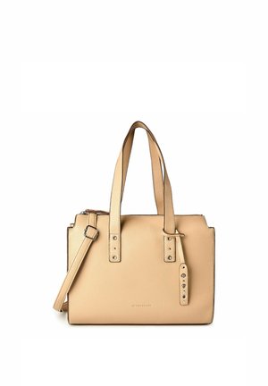 Sac à main en cuir beige avec deux poignées, une sangle d'épaule réglable et des détails minimalistes en métal argenté.