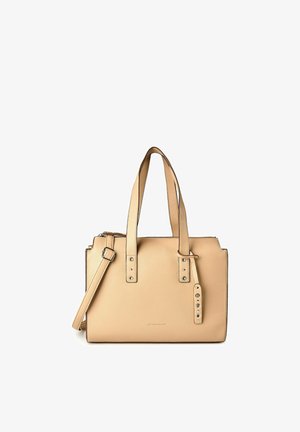 Beige Lederhandtasche mit zwei Griffen, verstellbarem Schulterriemen und minimalen silbernen Hardware-Details.