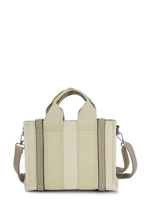 Beige rechteckige Handtasche mit zwei Griffen, verstellbarem Schulterriemen und strukturiertem Stoffüberzug mit genähten Akzenten, von hinten gezeigt.