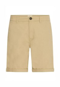 Beige Baumwollshorts mit umgeschlagenem Saum, Knopfverschluss vorne und Gürtelschlaufen. Glatte Textur ohne sichtbare Muster oder Akzente.